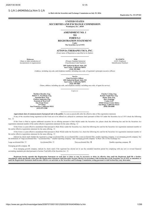 Attovia Therapeutics, Inc（ATTO）美股招股说明书 S-1（2026-07-29修订版）（英文版）（298页）.pdf