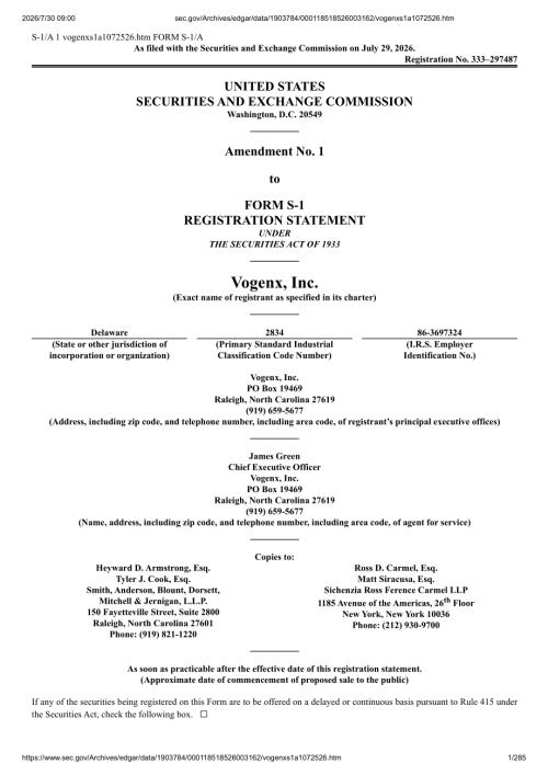 Vogenx, Inc（VOGX）美股招股说明书 S-1（2026-07-29修订版）（英文版）（285页）.pdf