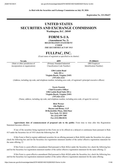 FullPAC, Inc 美股招股说明书 S-1（2026-07-29修订版）（英文版）（149页）.pdf