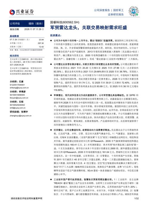 国睿科技-600562-A股公司研究报告：军贸雷达龙头关联交易映射需求旺盛-260729（32页）