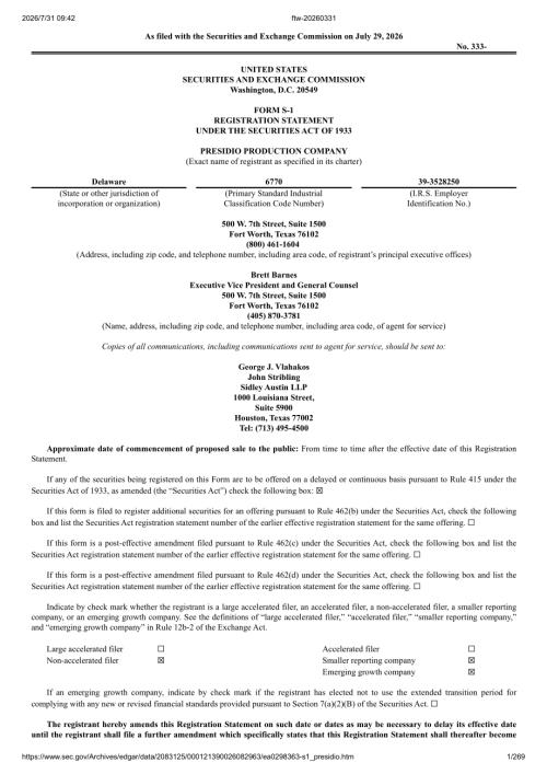 PRESIDIO PRODUCTION Co（FTW, FTW-WT）美股招股说明书 S-1（2026-07-30首版）（英文版）（269页）.pdf