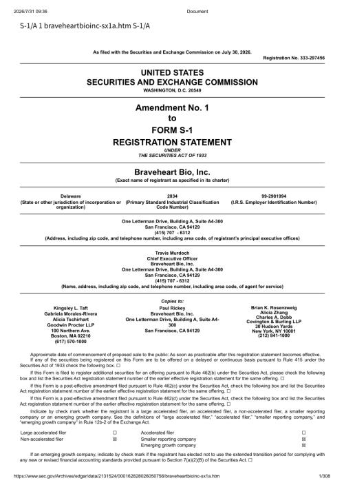 Braveheart Bio, Inc（BRVE）美股招股说明书 S-1（2026-07-30修订版）（英文版）（308页）.pdf