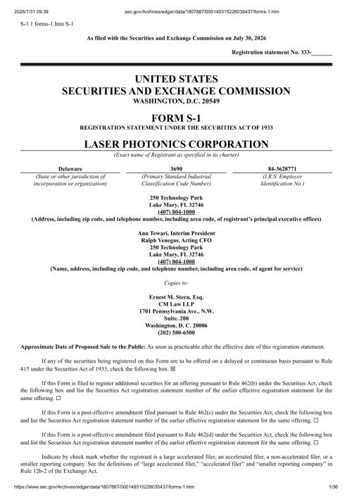 Laser Photonics Corp（LASE）美股招股说明书 S-1（2026-07-30首版）（英文版）（36页）.pdf