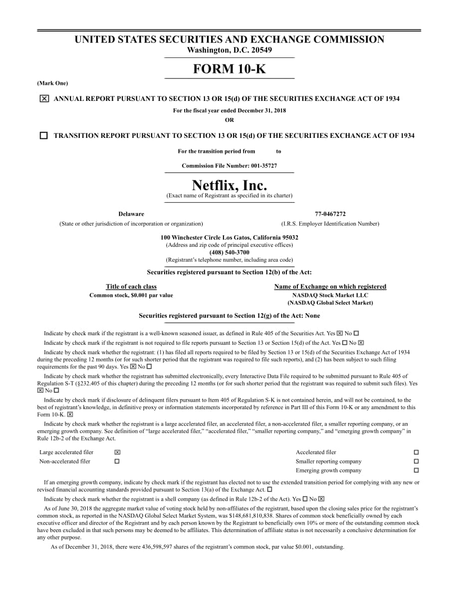 奈飞公司 Netflix, Inc. (NFLX)2018年年度报告（英文版）（78页）.pdf_第1页