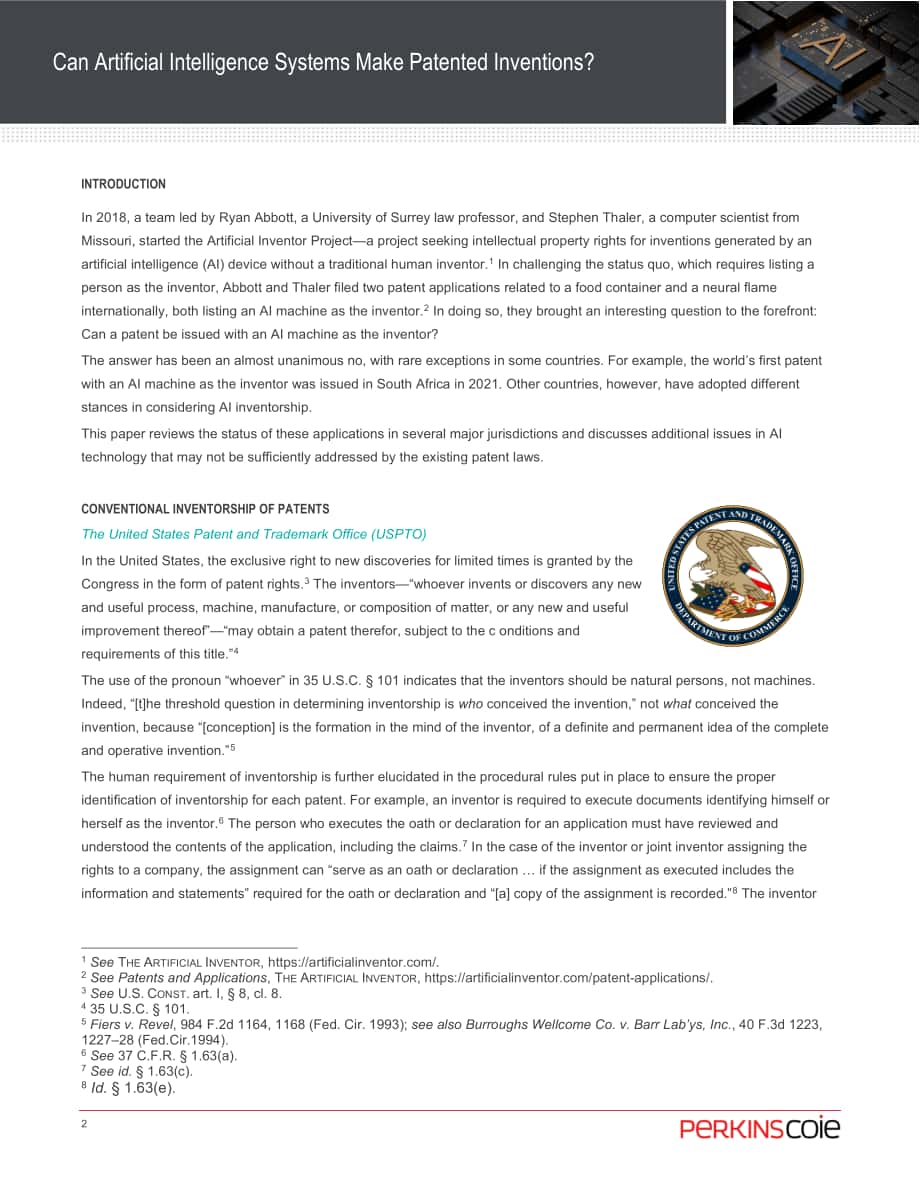 Perkins Coie：人工智能系统可以做出专利发明吗？（2022）（英文版）（6页）.pdf_第2页
