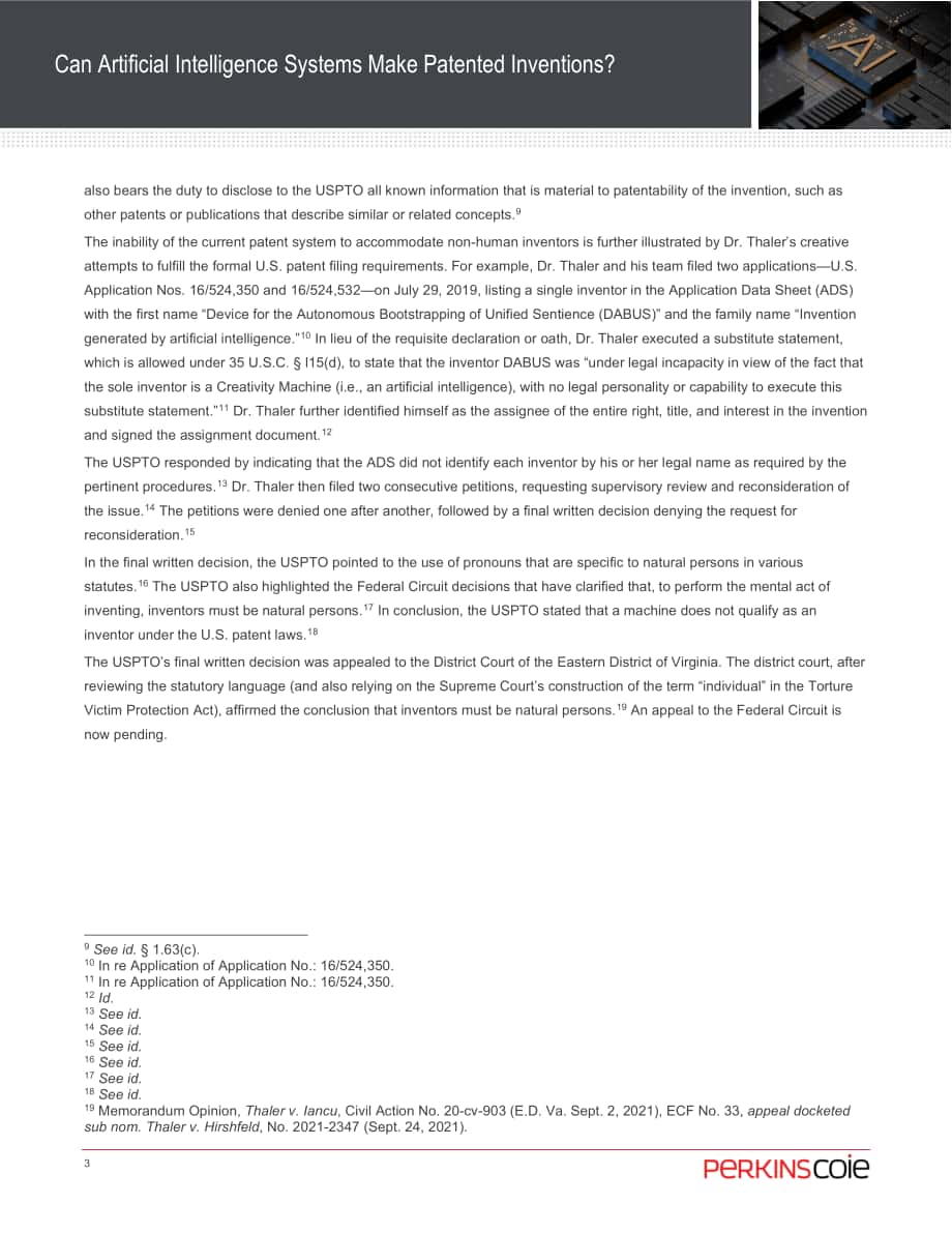 Perkins Coie：人工智能系统可以做出专利发明吗？（2022）（英文版）（6页）.pdf_第3页