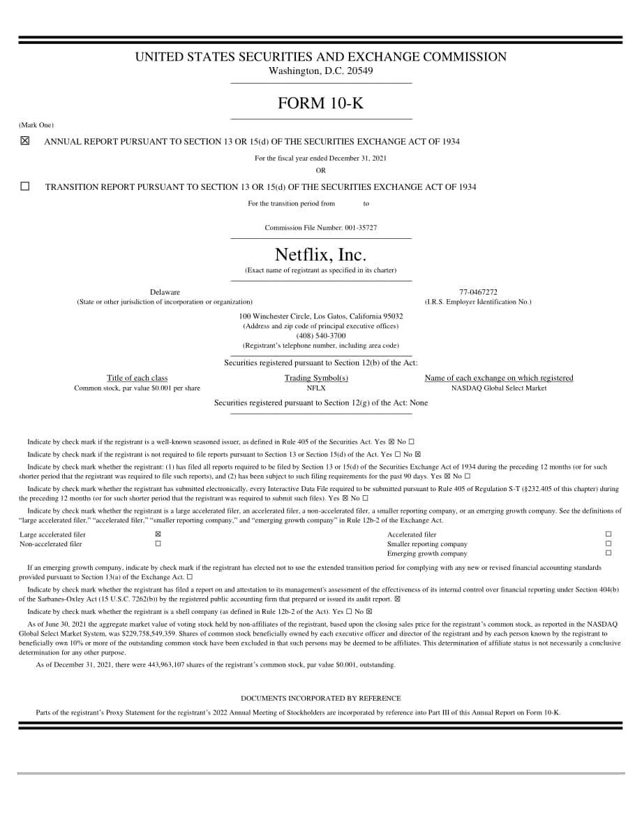 奈飞公司 Netflix, Inc. (NFLX)2021年年度报告（英文版）（92页）.pdf_第1页
