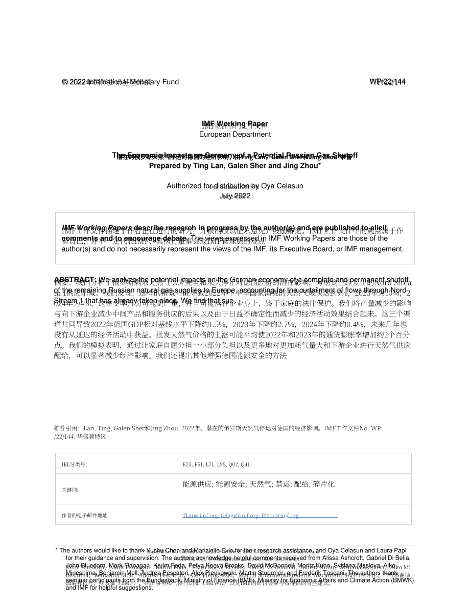 国际货币基金组织（IMF）：俄罗斯天然气供应的不确定性对德国的经济影响（英文版）（31页）.pdf_第2页