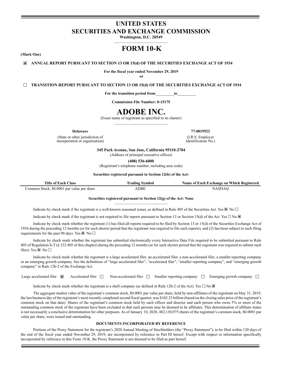 Adobe Inc.（ADBE） 2019财年年度报告「NASDAQ」（英文版）（113页）.pdf_第1页